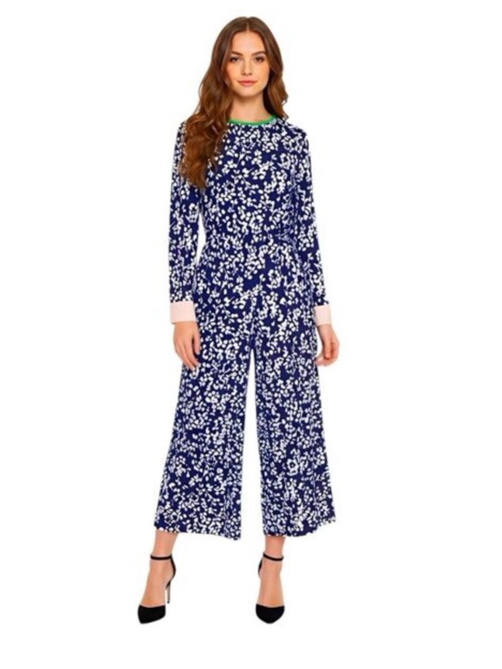 Eliza J Navy Floral jumpsuit with Green Neck Trim